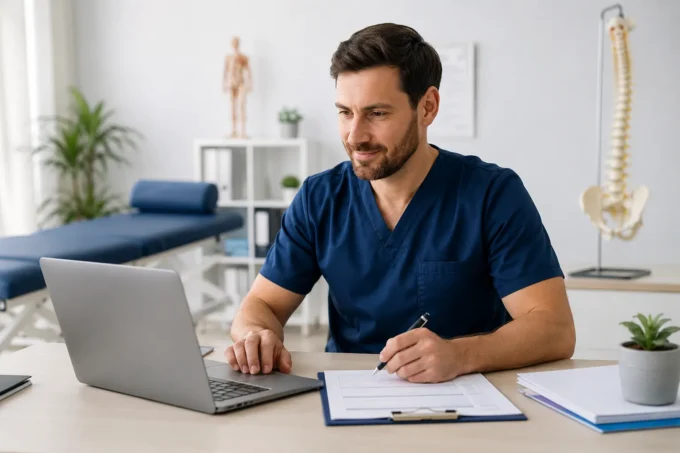 Fisioterapista libero professionista al lavoro nello studio con computer e documenti