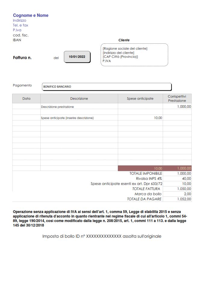 faxsimile modello fattura