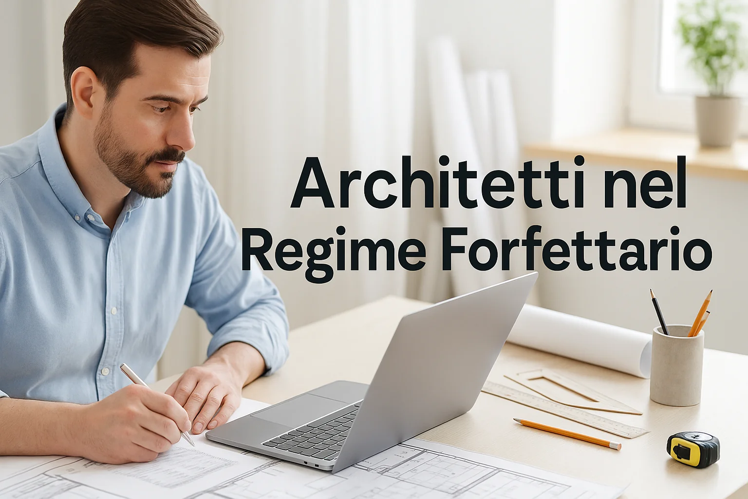 Architetto al lavoro con laptop e planimetrie in ufficio moderno, titolo “Architetti nel Regime Forfettario”