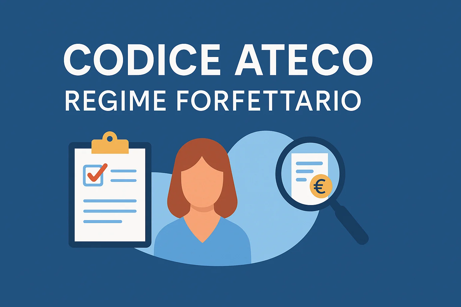Illustrazione digitale con scritta "Codice ATECO" e grafica fiscale, rappresenta la scelta del codice giusto nel regime forfettario