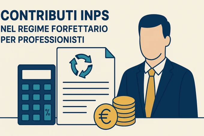 Contributi INPS nel regime forfettario per professionisti”, che mostra un professionista con giacca e cravatta, una calcolatrice, un documento e monete, in stile piatto e colori professionali.