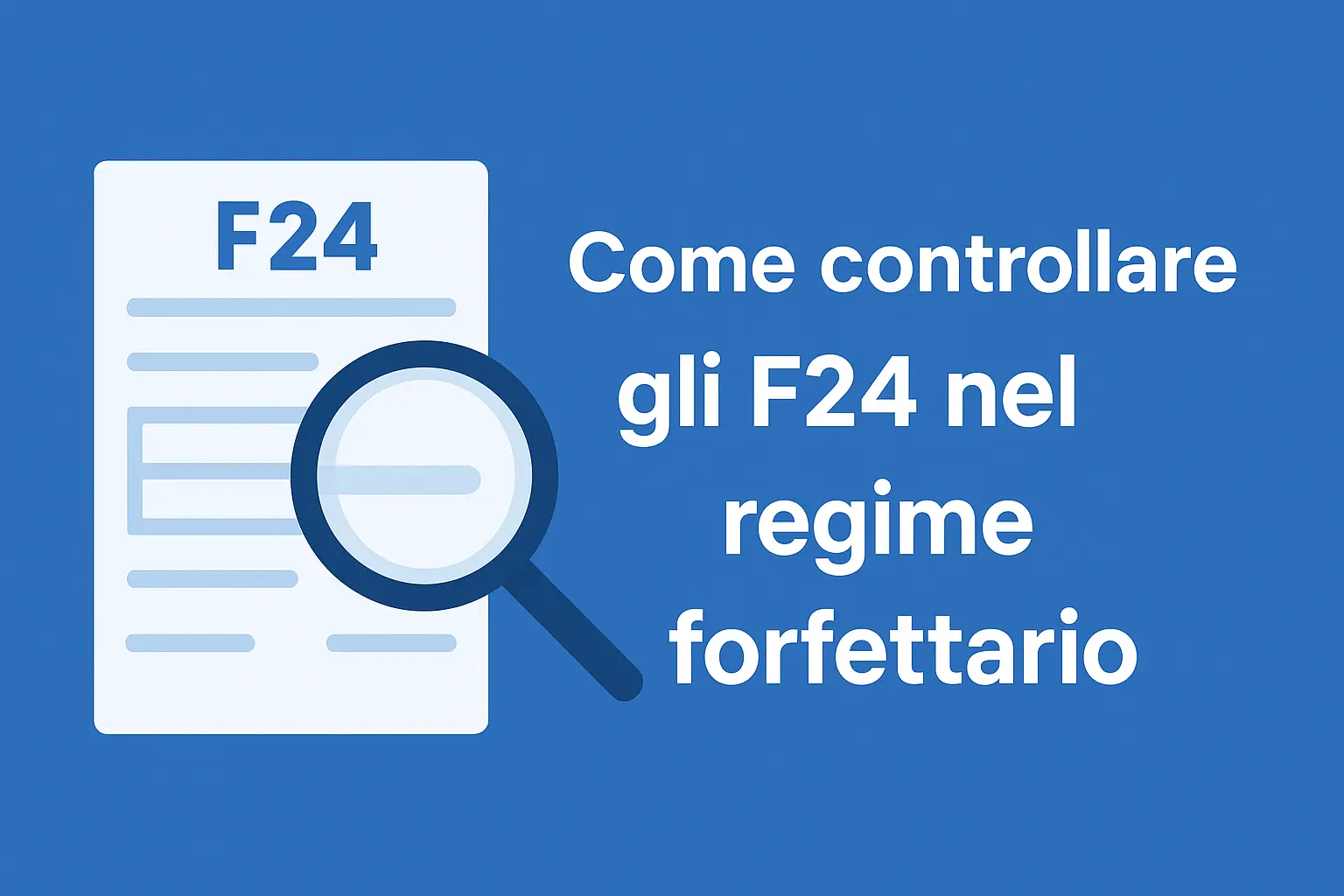 Illustrazione con documento F24, lente di ingrandimento e sfondo blu informativo.