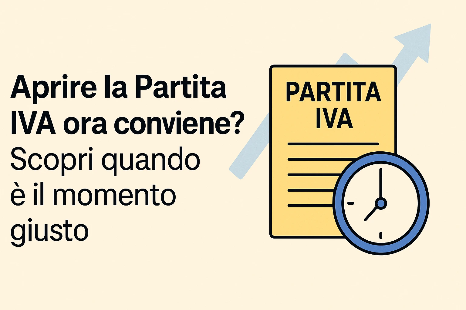 Grafica digitale con la scritta "Conviene aprire la Partita IVA?" e simboli fiscali, orologio e freccia di crescita.