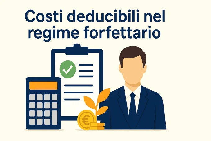 Infografica illustrata con il titolo “Costi deducibili nel regime forfettario”, che mostra un professionista in giacca, una calcolatrice, un documento con segno di spunta e monete con una pianta, in stile flat moderno.
