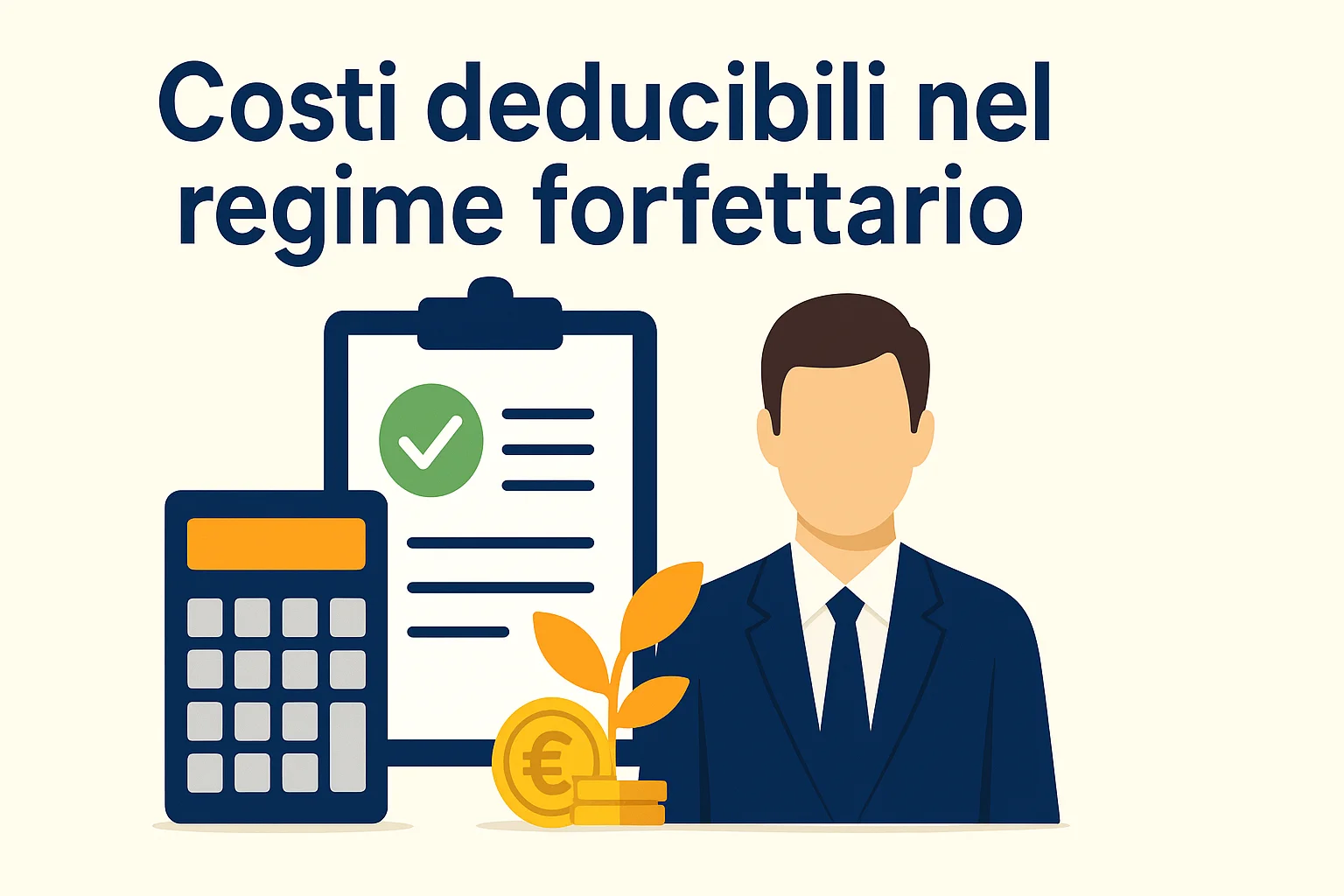 Infografica illustrata con il titolo “Costi deducibili nel regime forfettario”, che mostra un professionista in giacca, una calcolatrice, un documento con segno di spunta e monete con una pianta, in stile flat moderno.