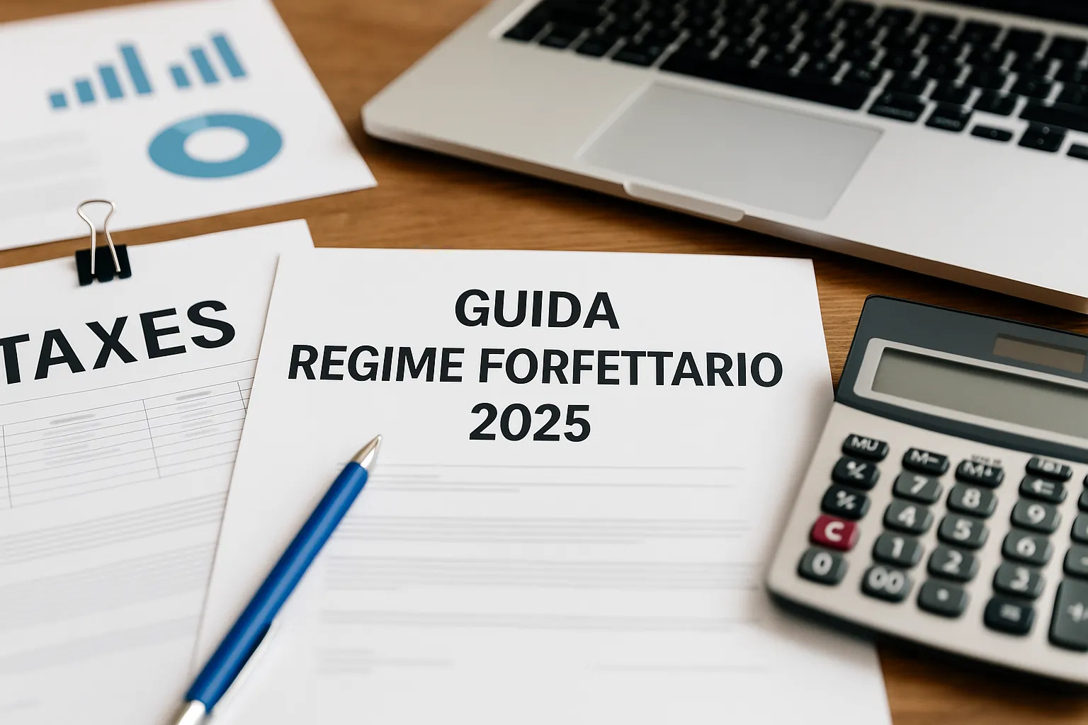 Scrivania con documenti fiscali, calcolatrice e laptop per la guida al regime forfettario 2025