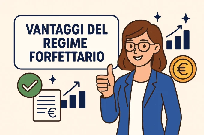 Vantaggi del Regime Forfettario, con simboli di crescita economica.