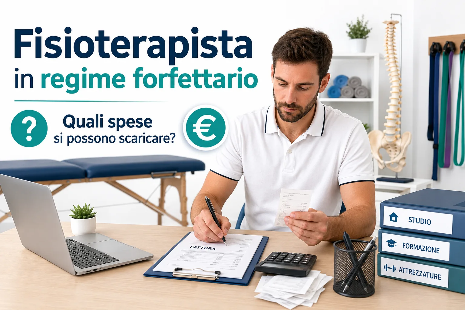 Fisioterapista in regime forfettario al lavoro con fatture e calcolatrice