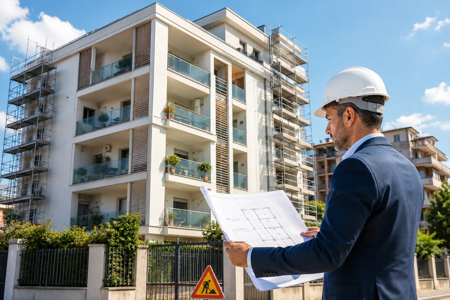 Tecnico davanti a un condominio interessato da lavori antisismici